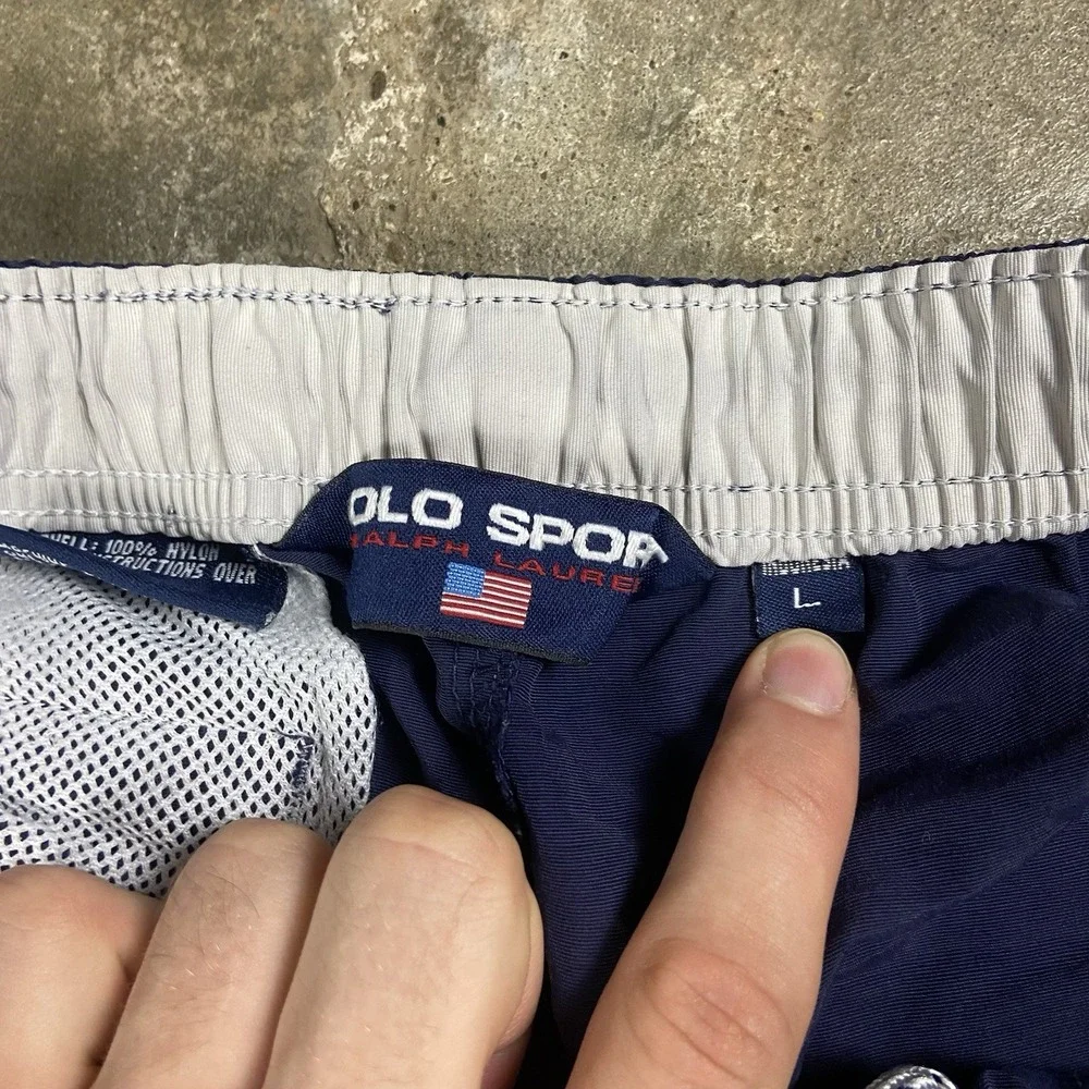 Vintage 90s Polo Sport Swim Trunks Size Large Navy Blue Flag Logo Outdoor Wear